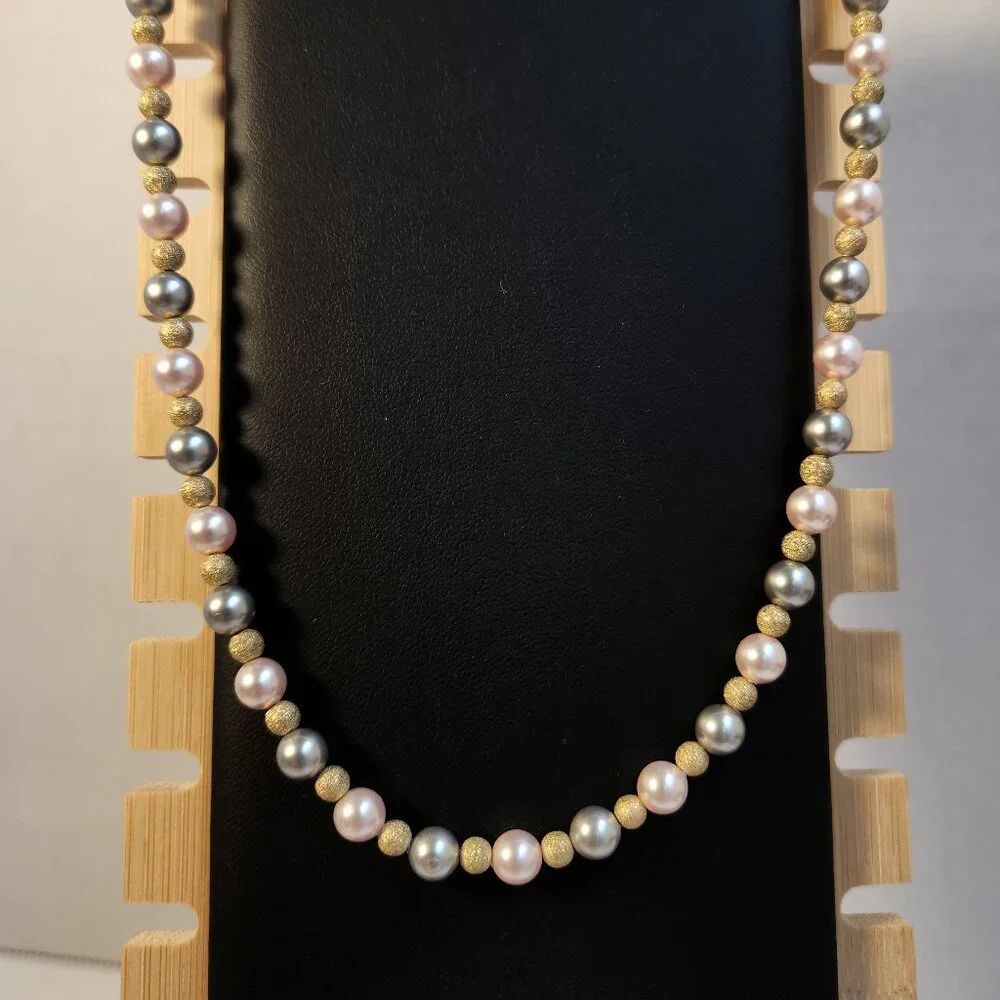 VTG 925 Multicolor Freshwater Pearl Necklace Silver Gold Stardust Beads 18" - Picture 9 of 9